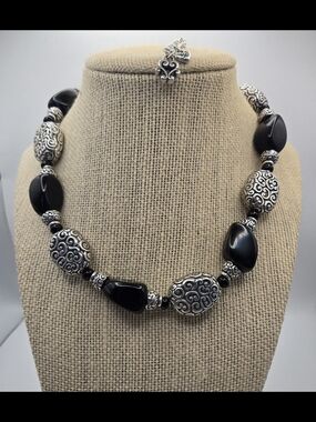 Brighton Full Moon Rising Necklace Black Silver Bead Scrollwork Chunky Classic